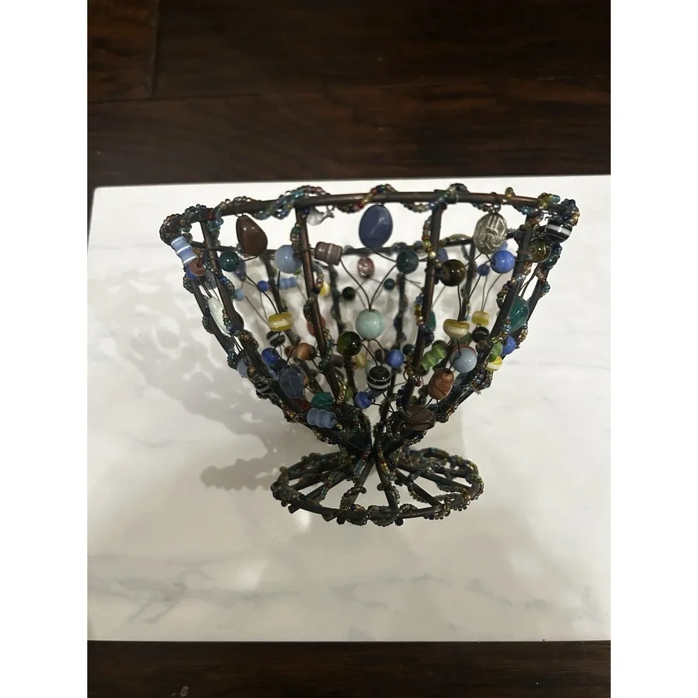 VTG Unique Beaded Wire Basket Boho Decor Shelf